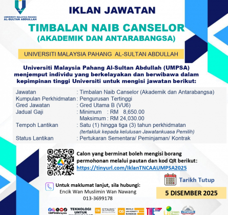 PELAWAAN UNTUK MENGISI JAWATAN TIMBALAN NAIB CANSELOR (AKADEMIK DAN ANTARABANGSA) DI UNIVERSITI MALAYSIA PAHANG AL-SULTAN ABDULLAH